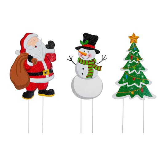 Glitzhome&#xAE; 2ft. Metal Santa, Snowman &#x26; Tree Yard Stake Set